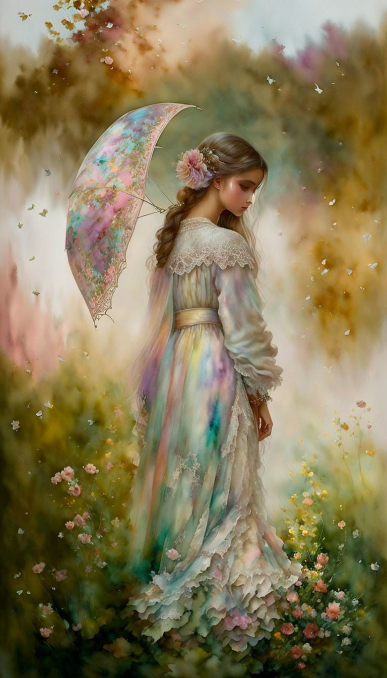 Woman in vintage dress with floral umbrella in dreamy landscape.