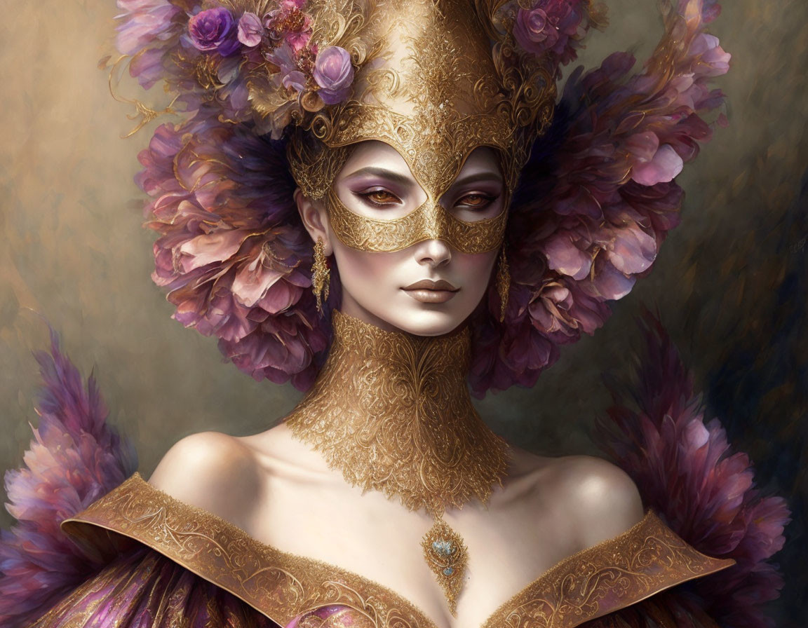 Person in Golden Mask Surrounded by Pink and Purple Flowers
