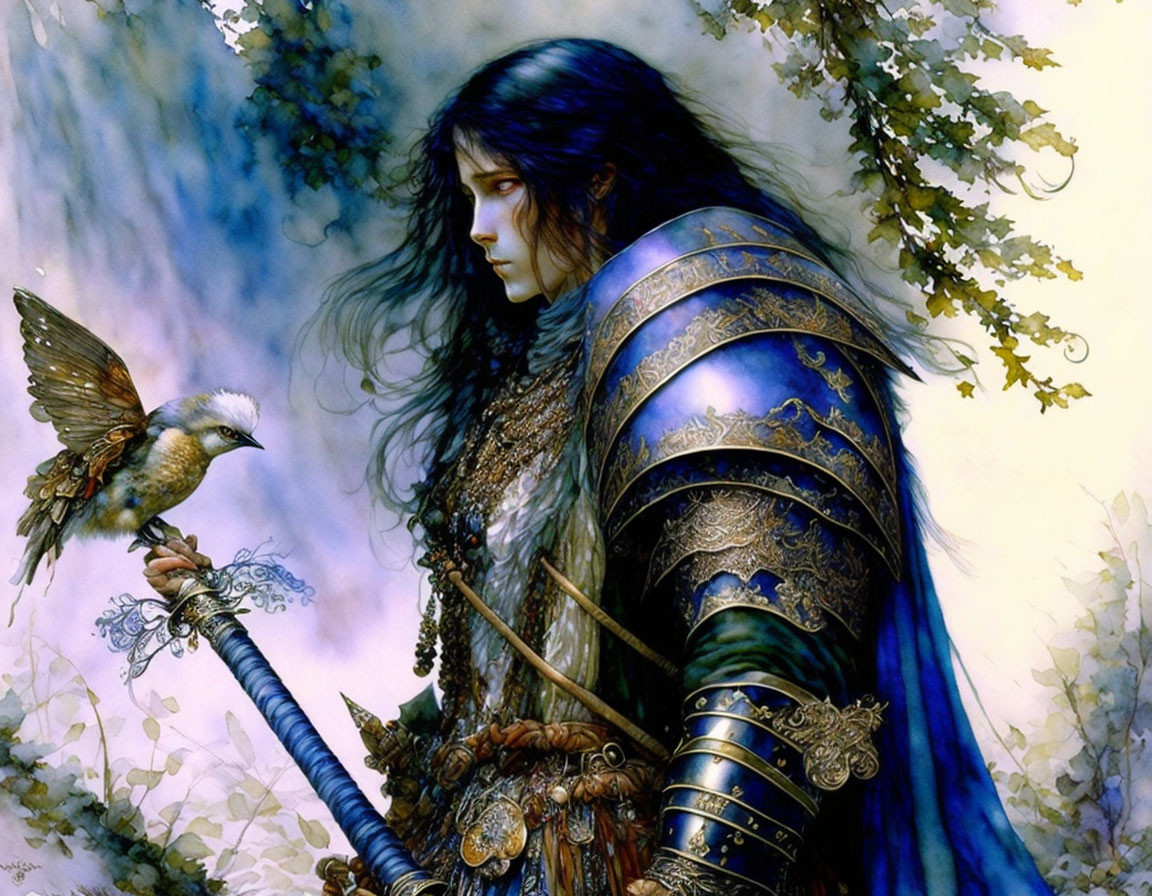 Mystical armored woman with dark hair and sword in vine-filled setting.