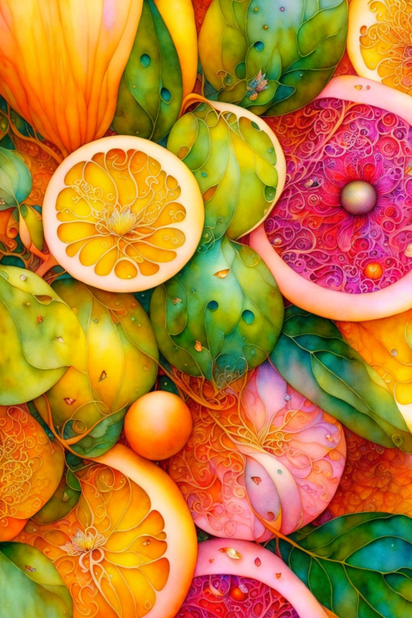 Colorful Artwork: Intricate Fruit and Leaf Patterns in Yellow, Orange, Green, Pink