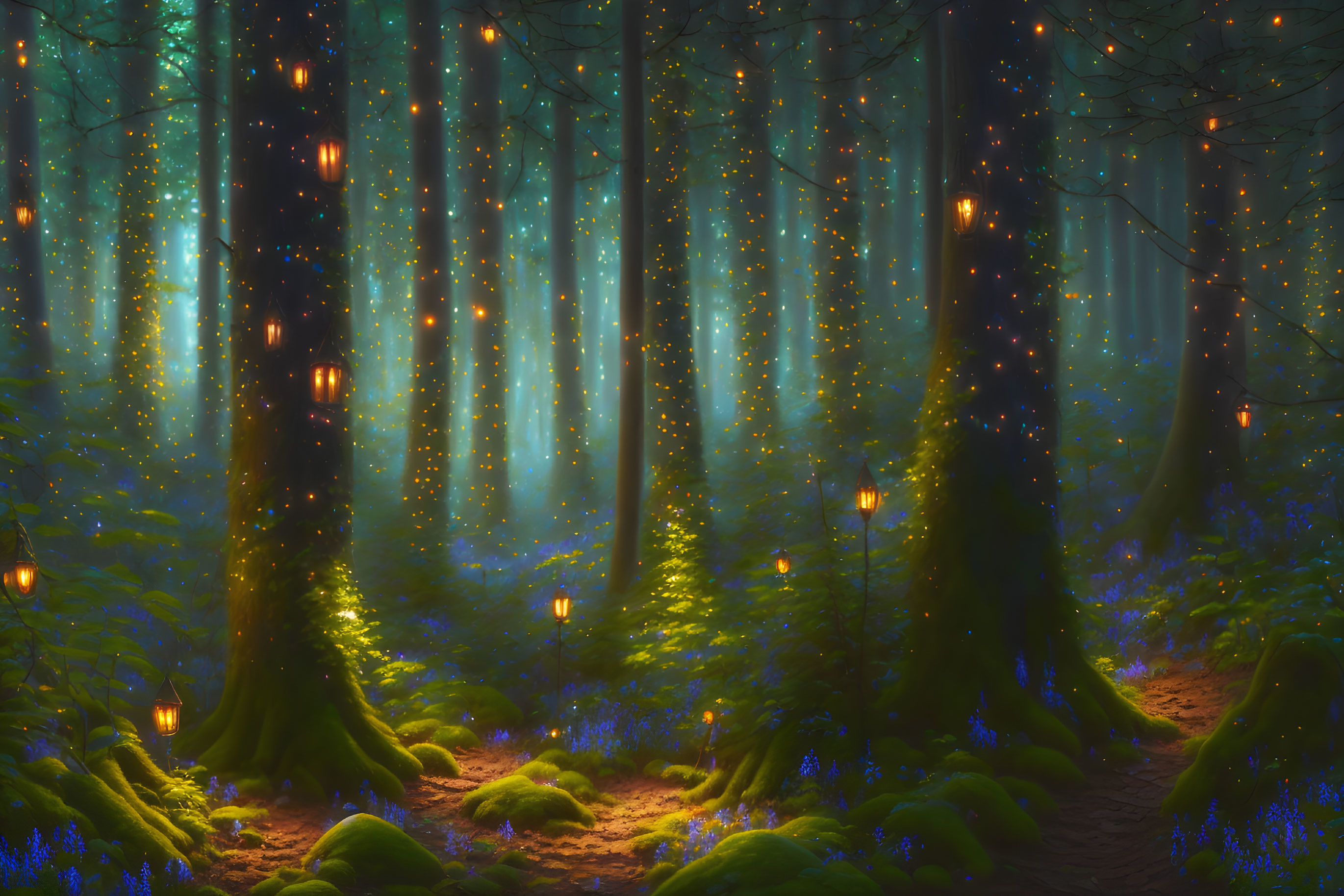 Enchanted Night Forest with Glowing Lanterns and Starry Sky