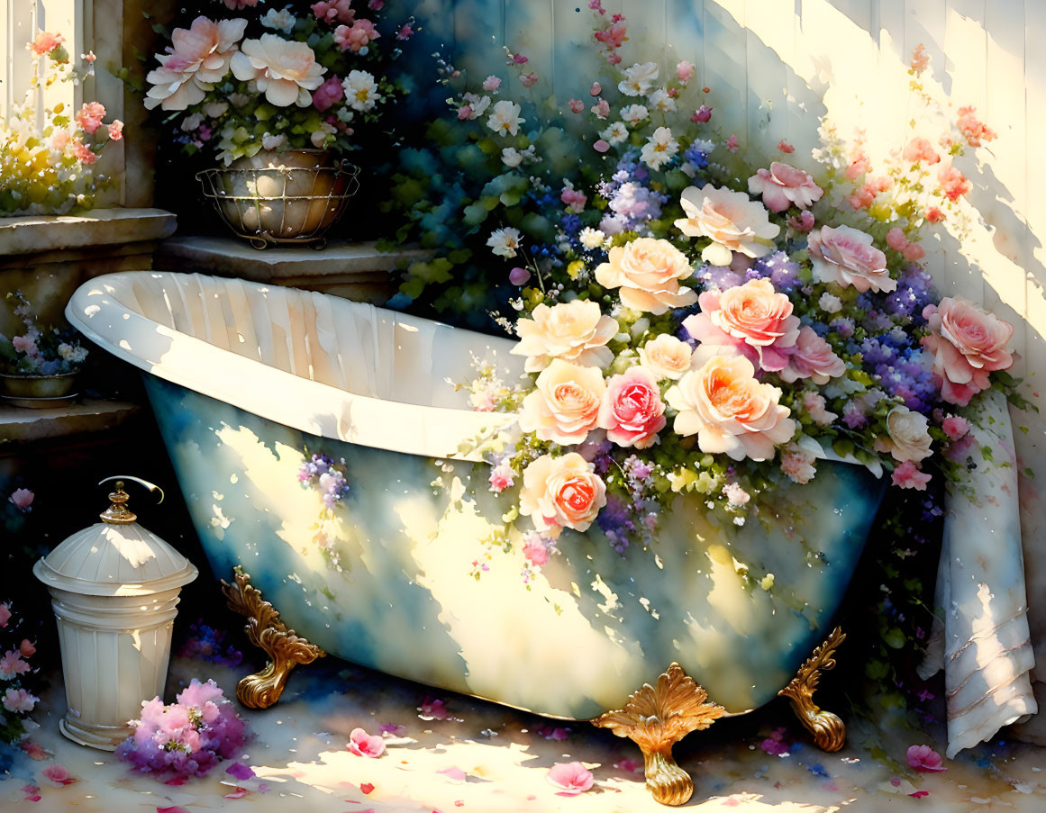 Vintage Bathtub Surrounded by Flowers in Sunlit Room