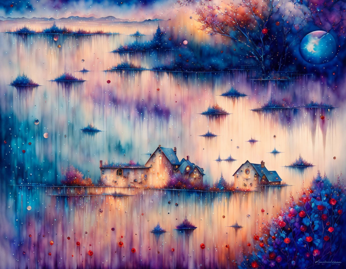 Colorful Trees, Floating Islands, Serene Lake, Starry Sky, Moon - Fantasy Landscape Painting
