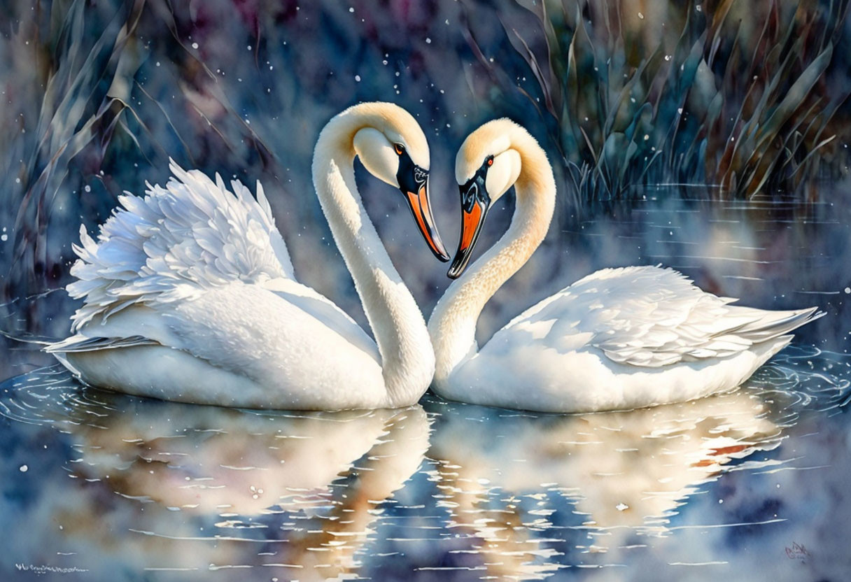Swans Form Heart Shape in Tranquil Pond Amidst Snowy Scene