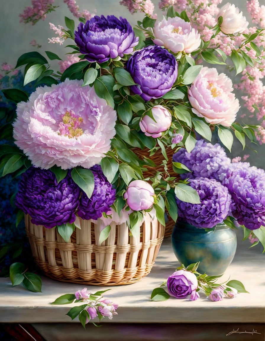 Colorful still-life painting with pink and purple peonies in a basket, accompanied by a single