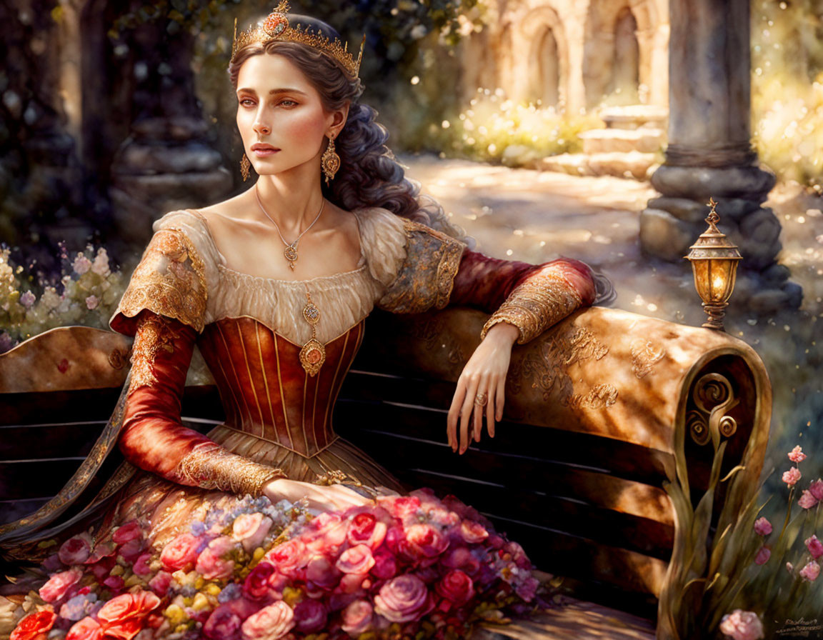 Regal woman in Renaissance-style dress surrounded by roses in sunlit garden.