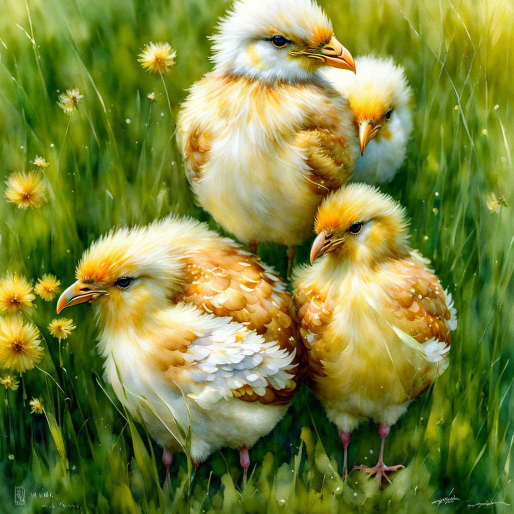 Three Fluffy Yellow Chicks in Green Field with Yellow Flowers
