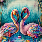 Stylized flamingos with iridescent feathers among colorful flowers on blue background