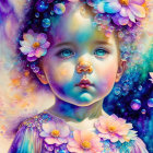 Colorful Artwork Featuring Child with Blue Eyes and Celestial Motifs