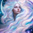 Surreal illustration of woman merging with galaxy in cosmic colors