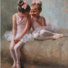 Three children in pink ballet outfits with flower crowns in serene setting