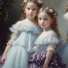 Three young girls in blue dresses and floral crowns with a painting-like quality