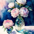 Vibrant pink peonies in translucent blue vase with scattered petals