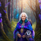 Elderly woman in mystical forest with vibrant owls