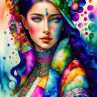 Colorful Portrait of Woman with Blue Eyes in Cosmic-Inspired Attire