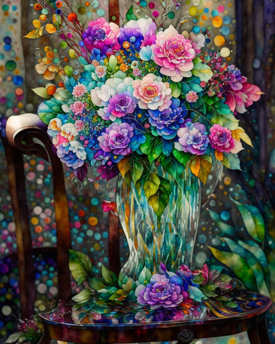 Colorful Bouquet Painting on Wooden Surface with Chair Armrest