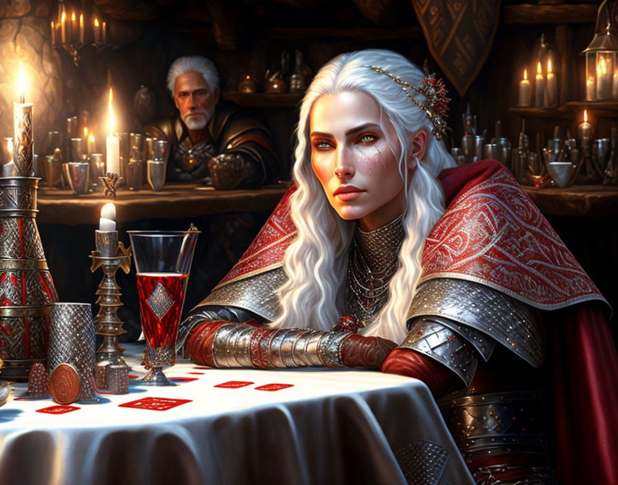 White-Haired Woman in Armor Holding Cards with Older Man at Candlelit Table