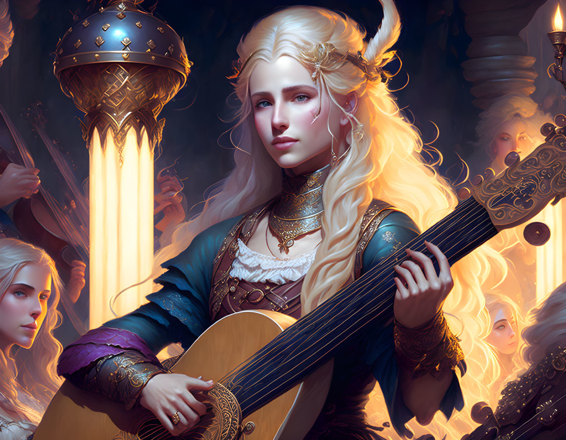 Blonde elven woman playing lute with fantasy characters in warm glow