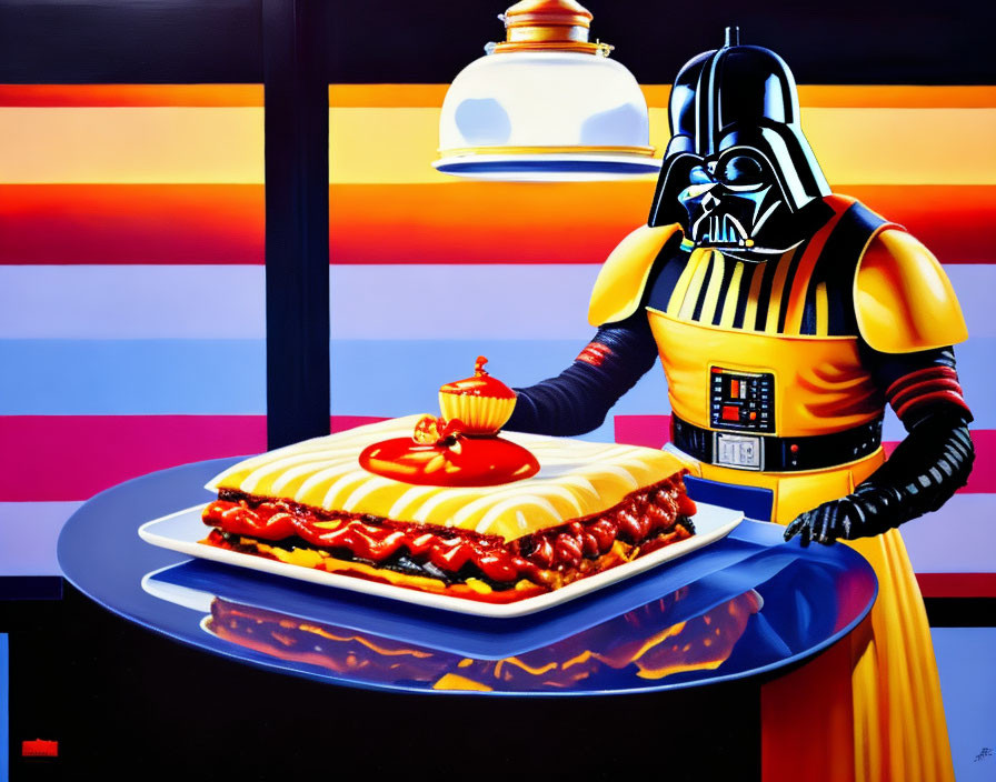 Stylized painting of Darth Vader serving hot dog with mustard on tray