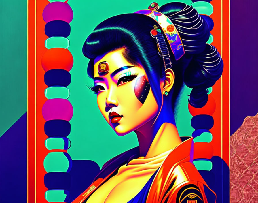 Colorful digital art: Woman in Asian attire with neon colors & futurist themes