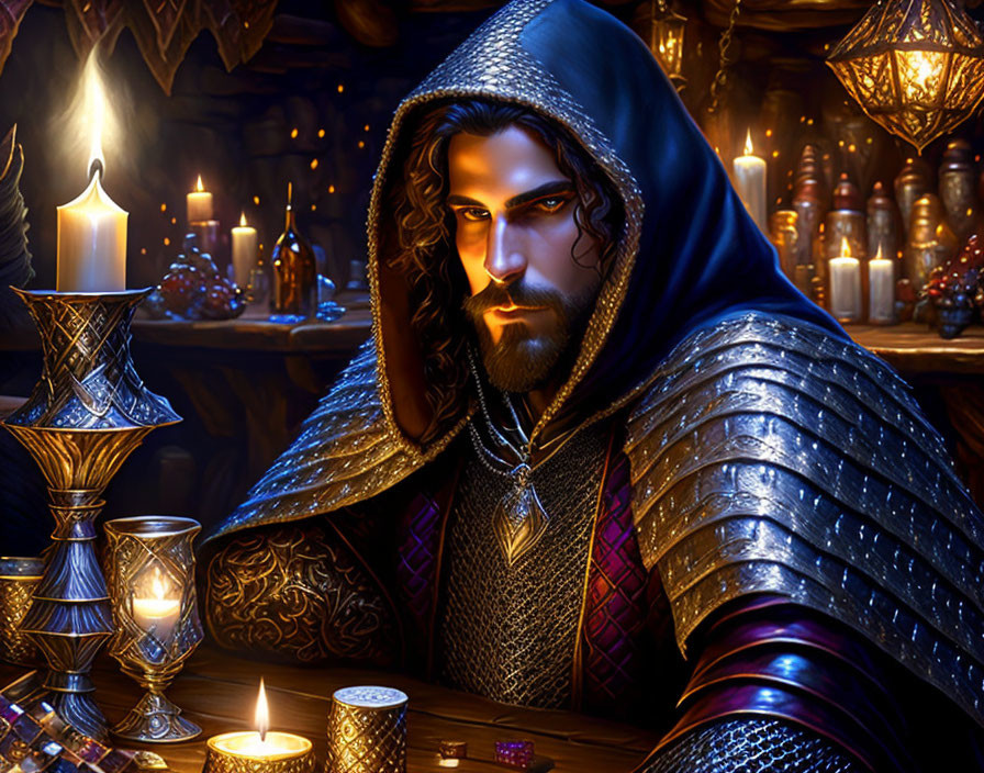 Bearded man in hooded cloak and armor at candlelit table in medieval setting