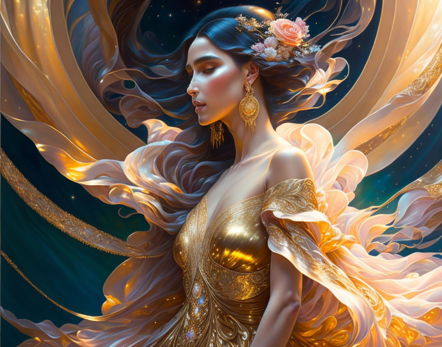 Ethereal woman in golden gown with flowing hair, adorned with jewelry, against swirling blue backdrop