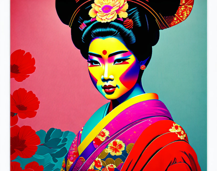 Vibrant digital artwork of a Geisha in traditional makeup and outfit