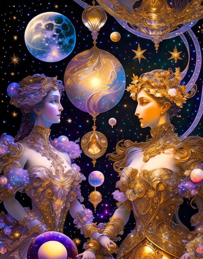 Ethereal women in golden armor against starry space backdrop
