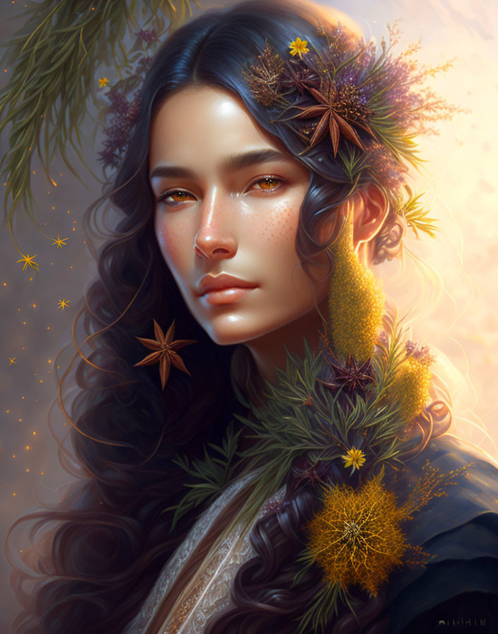 Portrait of woman with long wavy hair and autumnal plants, star anise, warm glow