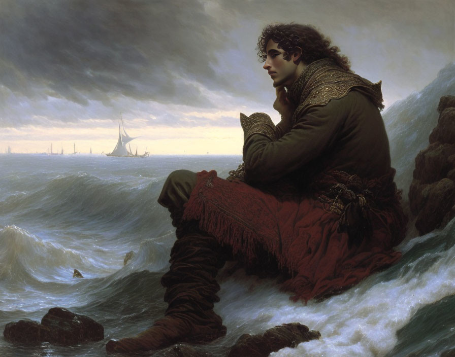 Young man in ornate clothing gazes at stormy sea with ships.