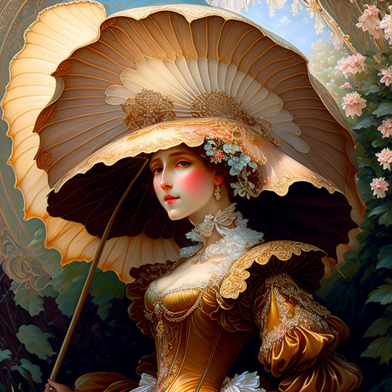 Illustrated woman in ornate golden gown with parasol and sunhat.
