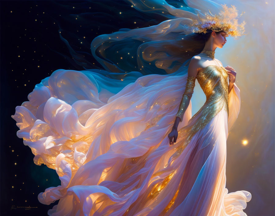 Ethereal figure in flowing dress with radiant crown against cosmic backdrop