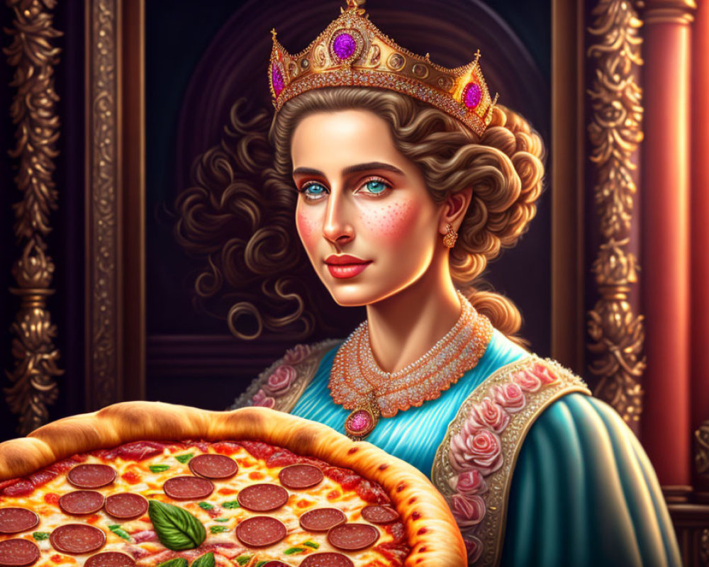 Regal woman with crown holding pizza in ornate frame.