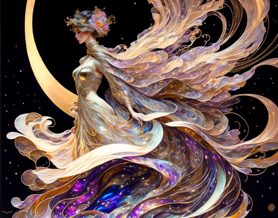 Ethereal woman in ornate attire with cosmic gown in starry backdrop