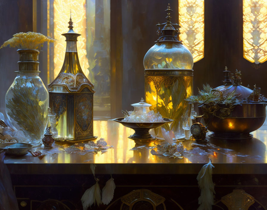 Ornate vessels, feathers, and florals in warm light against stained glass