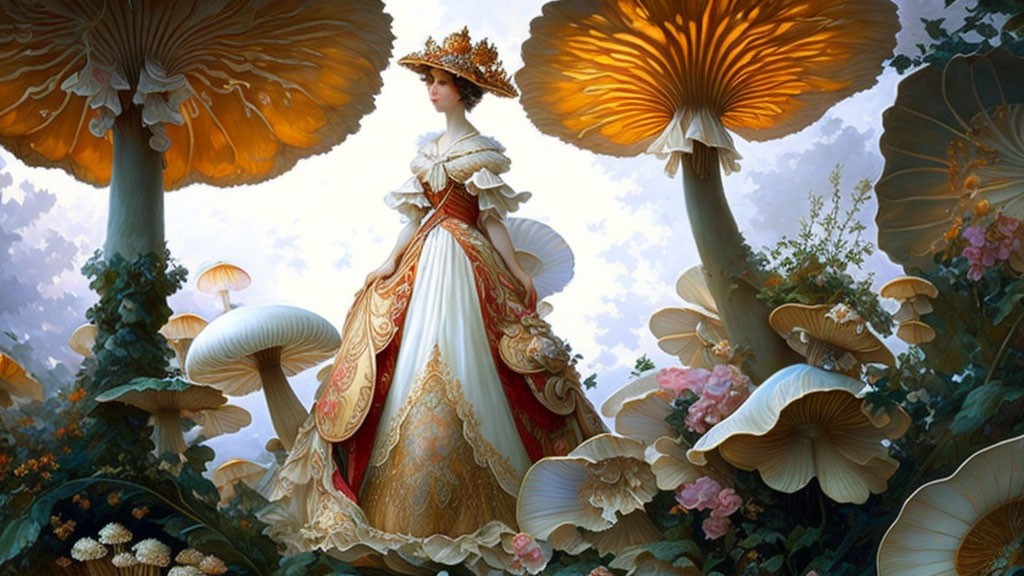 Elegant woman in lavish dress among oversized mushrooms