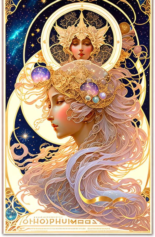 Art Nouveau Woman with Flowing Hair and Celestial Motifs