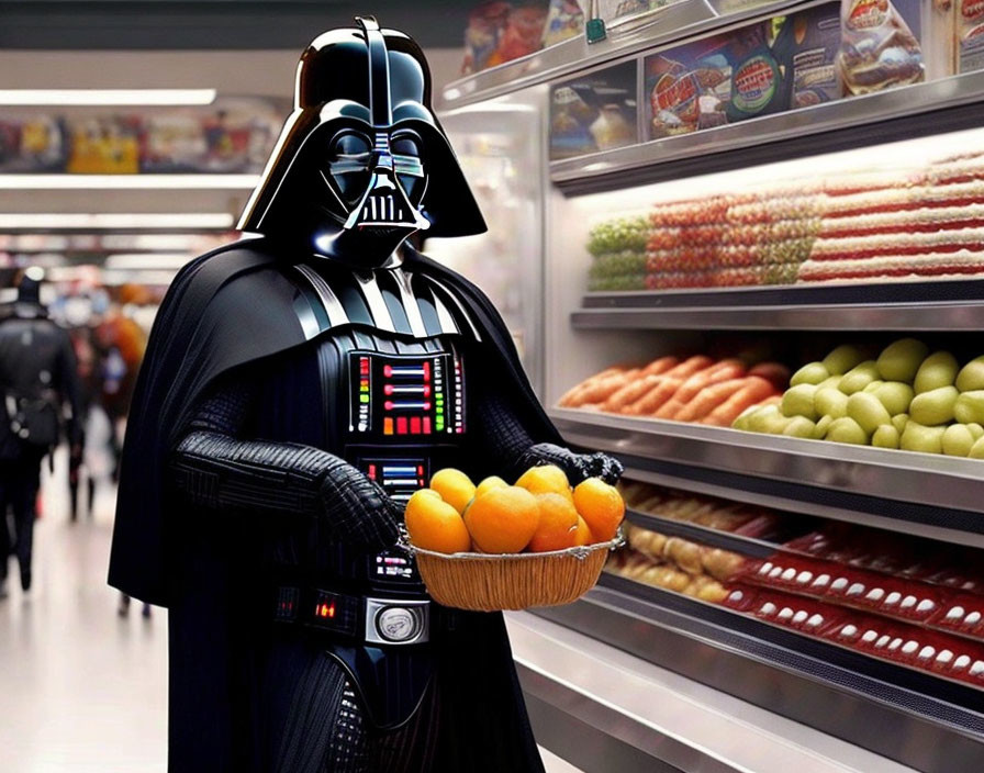 Person in Darth Vader costume with basket of oranges in supermarket aisle