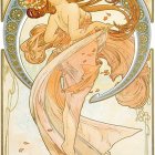 Art Nouveau Woman with Flowing Hair and Celestial Motifs