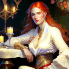 Regal woman with red hair and gold jewelry at lavish candlelit table