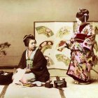 Traditional Japanese women in kimonos at tea ceremony