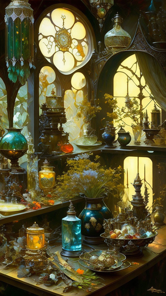 Mystical room with artisanal glassware, lamps, windows, curiosities, and plants