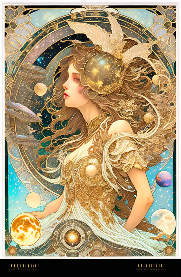 Detailed Art Nouveau woman with celestial elements and planets in illustration