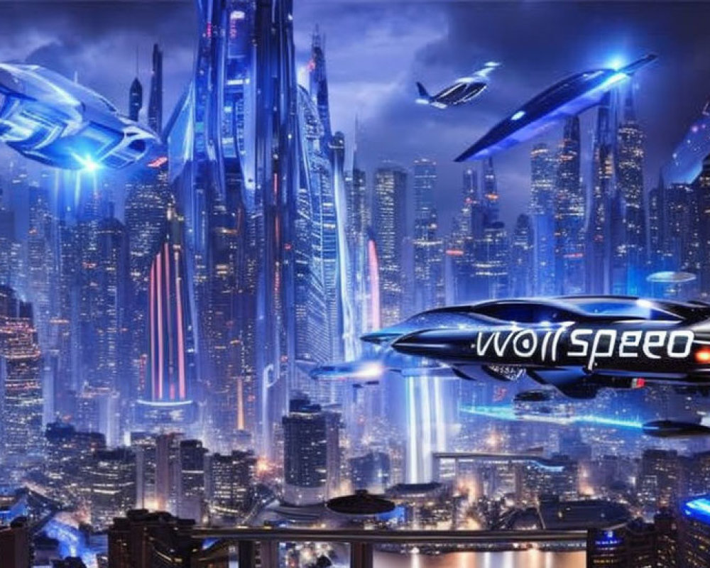 Nighttime futuristic cityscape with illuminated skyscrapers and flying vehicles.