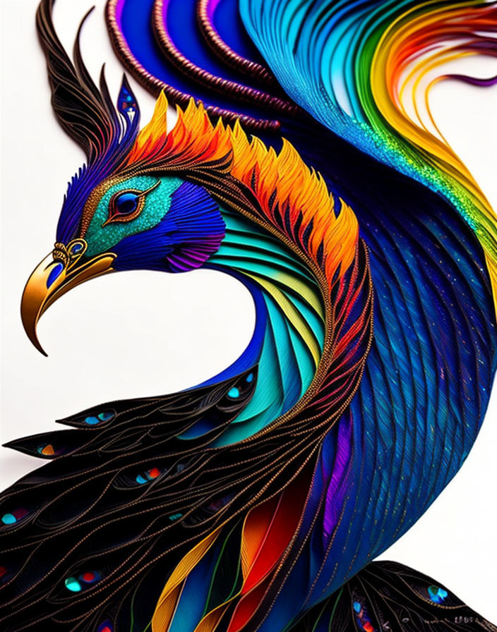 Colorful Stylized Peacock Illustration with Gold Accents