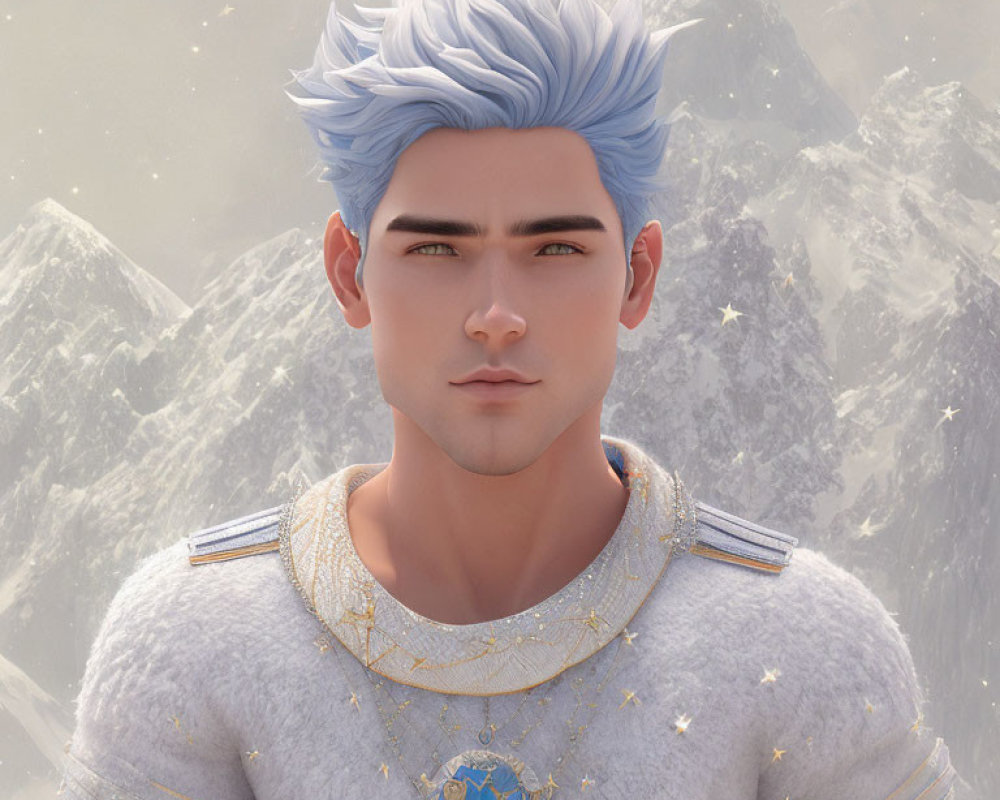 Blue-Haired Male Character in White Sweater with Mountain Background