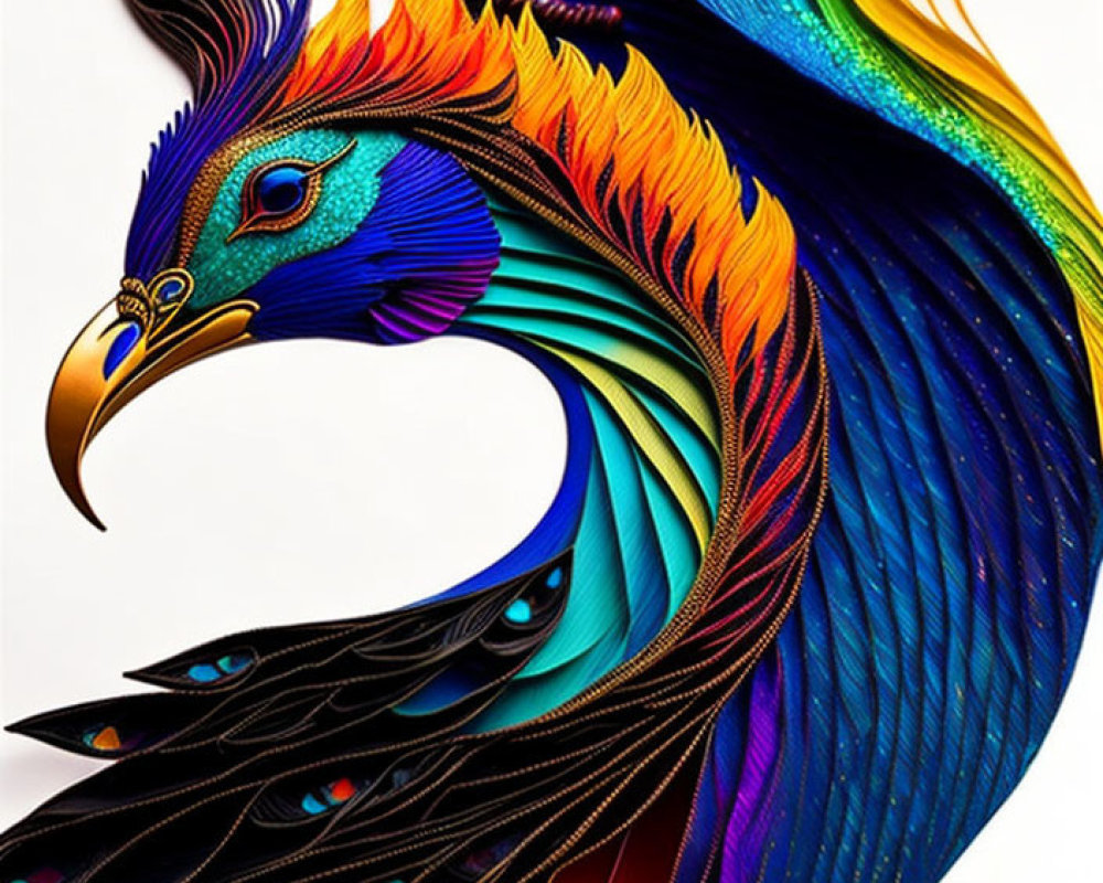 Colorful Stylized Peacock Illustration with Gold Accents