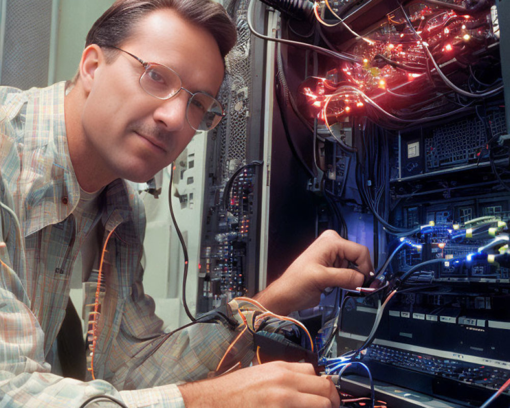 Man in glasses connecting cables on network server with glowing lights