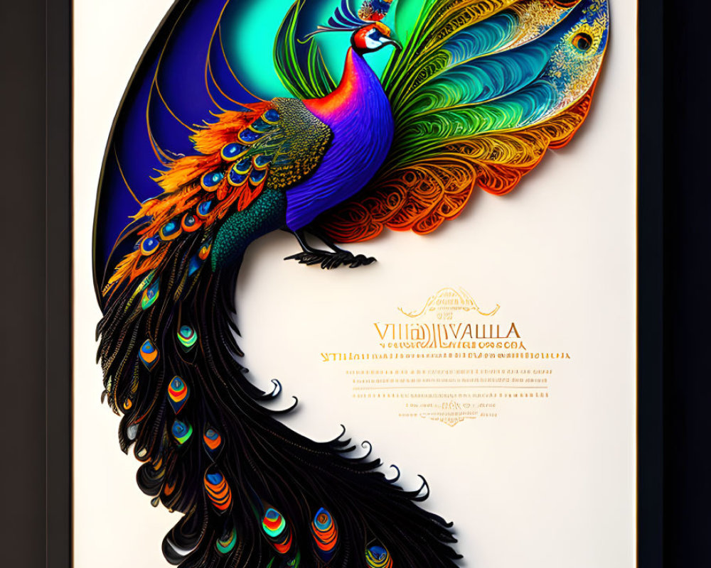 Colorful Peacock Illustration with Elaborate Tail and Bright Patterns
