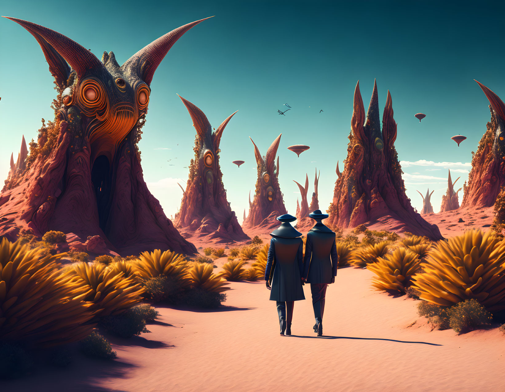 Figures in hats and coats near alien structures under surreal sky